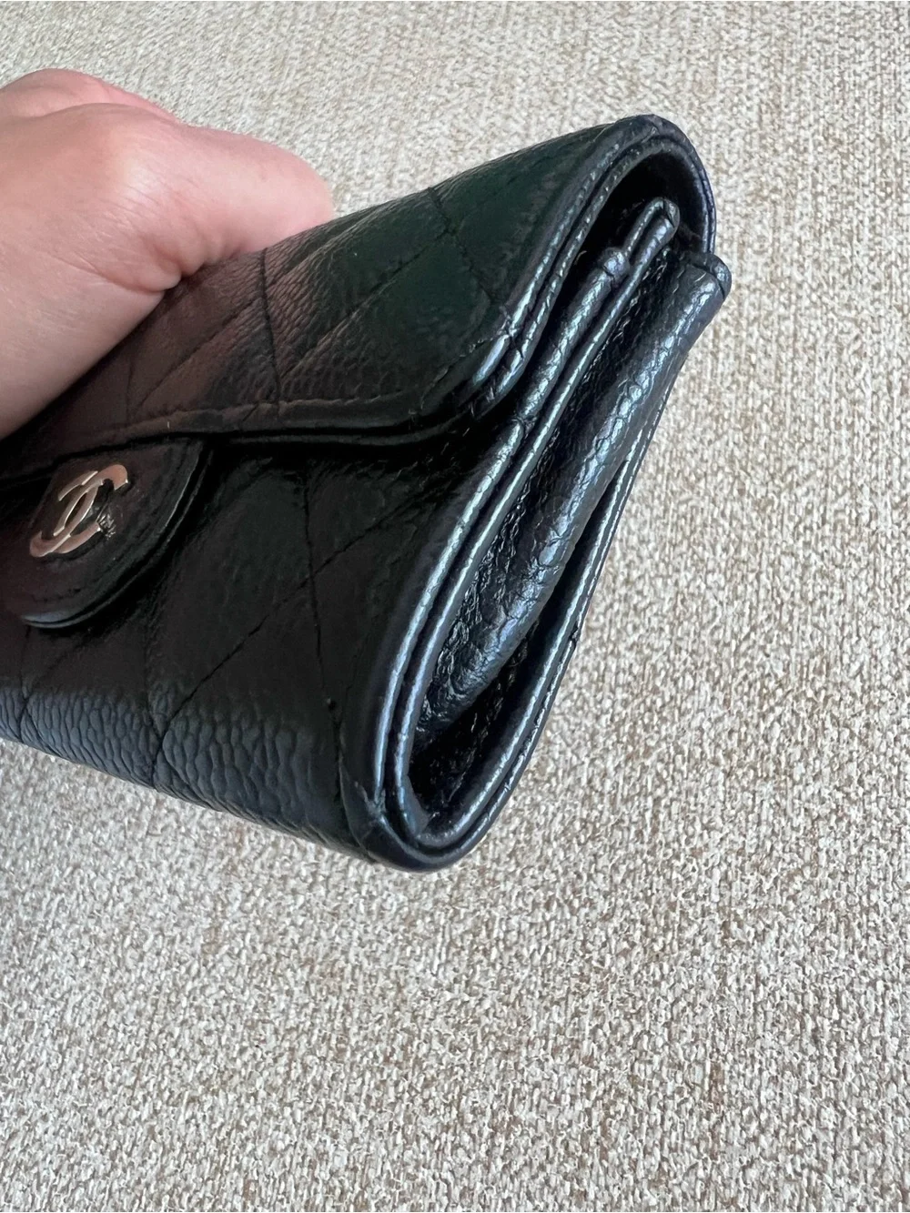 Authentic CHANEL Black Quilted Caviar Leather Small Flap Wallet with Silver CC